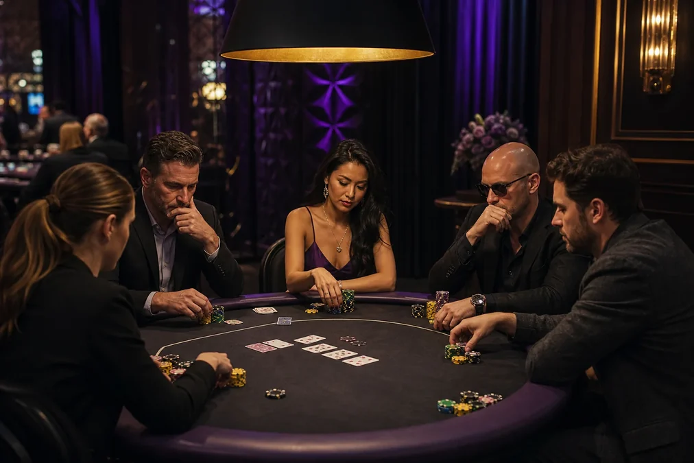 Profesjonalny stół pokerowy z żetonami i kartami